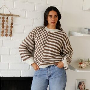 Moon River Brown And Cream Mixed Pattern Chunky Knit Cozy Pullover Sweater S